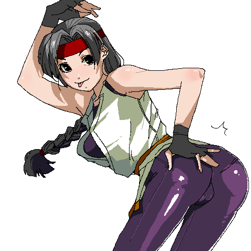 chiisan, yuri sakazaki, ryuuko no ken, snk, the king of fighters, lowres, 1girl, :p, ass, black eyes, black hair, braid, brown hair, female focus, fingerless gloves, gloves, grey hair, headband, long hair, looking at viewer, simple background, single braid, solo, spandex, tongue, tongue out, white background