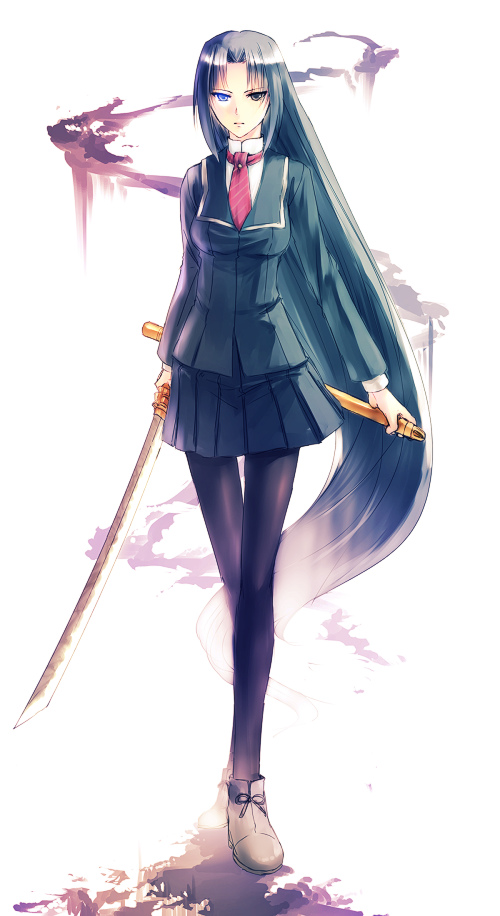 seitsuji, senba uzuki, akai ito, akaiito, bad id, bad pixiv id, 1girl, black hair, female focus, full body, glowing, glowing eye, glowing eyes, grey eyes, legs, long hair, necktie, pantyhose, school uniform, skirt, solo, sword, very long hair, weapon, white background