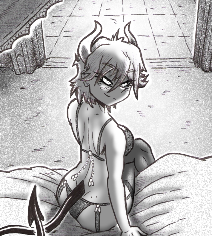 beelzebub (helltaker), helltaker, 1girl, ass, back, bra, breasts, demon, demon girl, demon horns, demon tail, forenzim, freckles, horns, lingerie, looking back, panties, short hair, sitting, smile, smug, tail, thighhighs, underwear