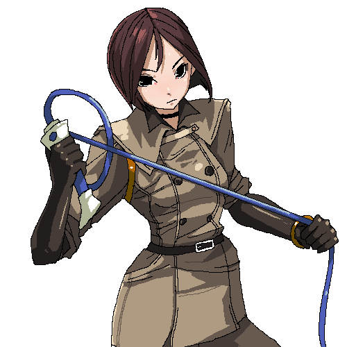 chiisan, whip (kof), snk, the king of fighters, uniform, lowres, 1girl, bob cut, brown hair, choker, female focus, gloves, looking at viewer, short hair, simple background, solo, whip, white background