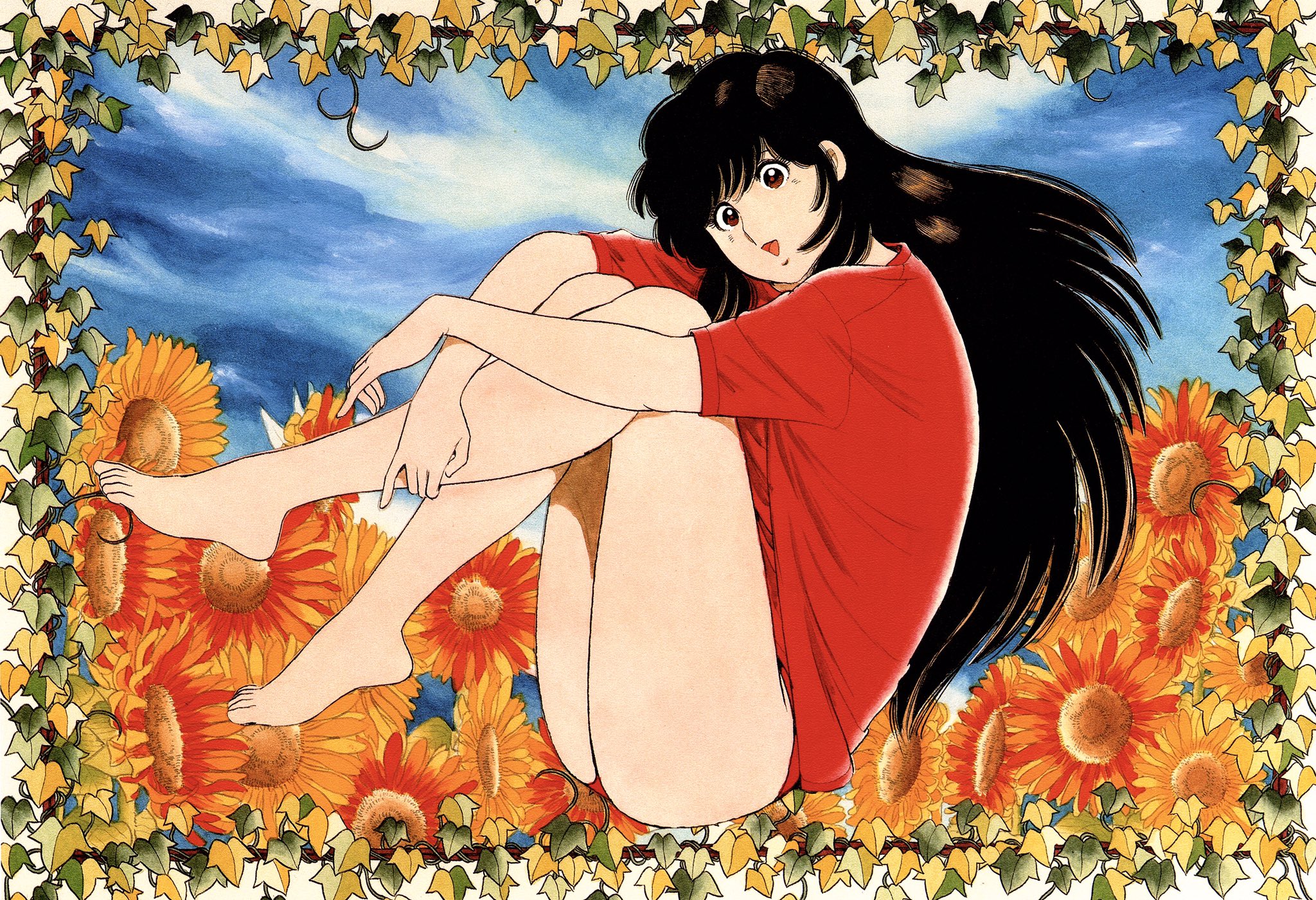 miura mitsuru, asaoka natsumi, the kabocha wine, commentary request, highres, official art, 1girl, bare legs, barefoot, black hair, blue sky, crossed wrists, feet, feet up, flower, from side, full body, knees up, leaf, long hair, looking at viewer, looking to the side, no pants, open mouth, orange flower, panties, red eyes, red panties, red shirt, red theme, shirt, sitting, sky, smile, solo, sunflower, thighs, underwear