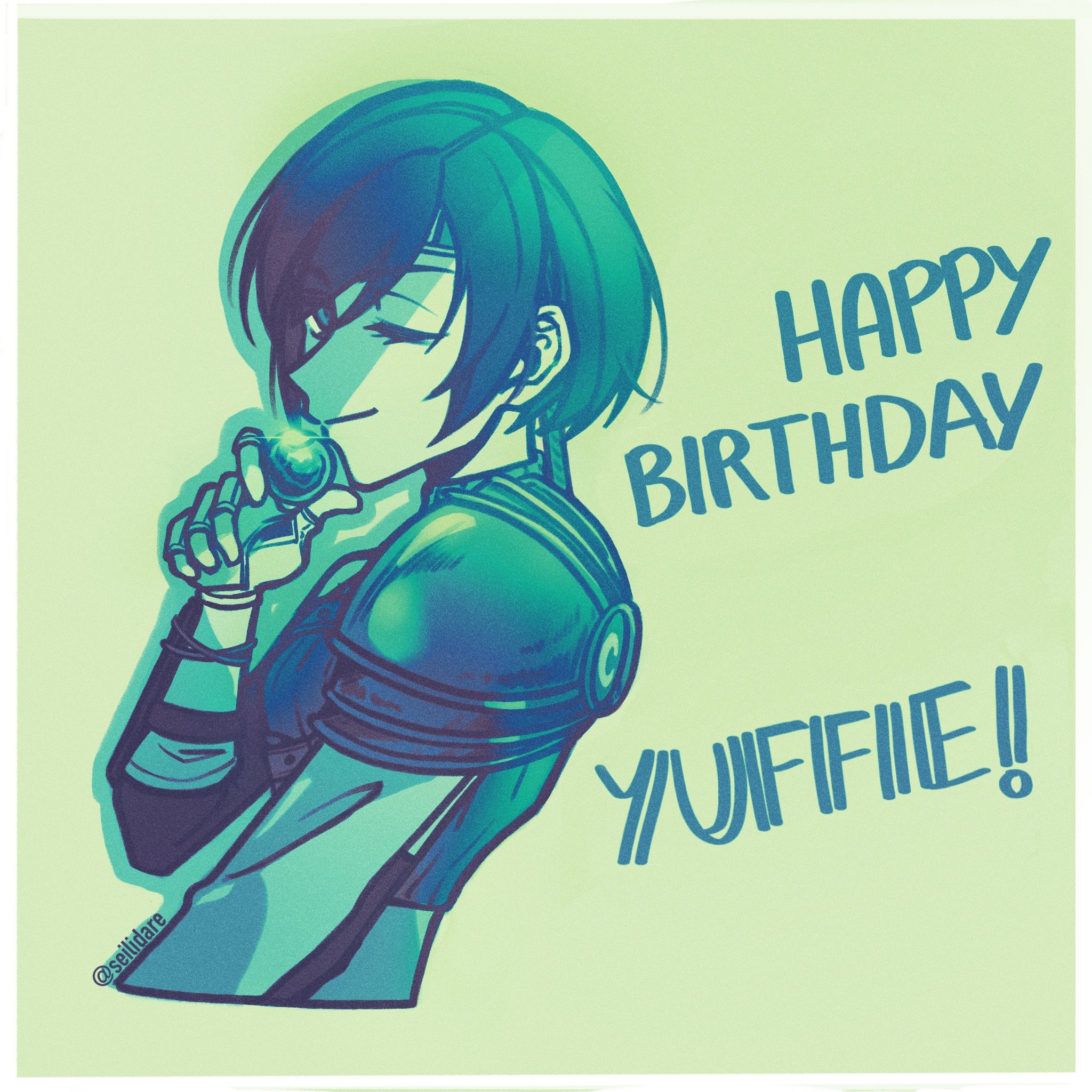 seilidare, yuffie kisaragi, final fantasy, final fantasy vii, final fantasy vii remake, commentary, english commentary, highres, 1girl, armor, breasts, character name, closed mouth, cropped sweater, detached sleeves, fingerless gloves, from side, glint, gloves, green background, green theme, happy birthday, holding, looking at viewer, maid headdress, materia, one eye closed, short hair, shoulder armor, simple background, single bare shoulder, single detached sleeve, sleeveless, sleeveless turtleneck, small breasts, solo, sweater, turtleneck, turtleneck sweater, upper body