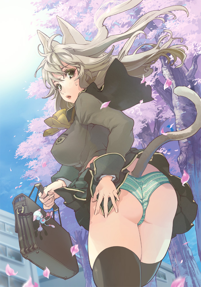 riato, original, silver hair, 1girl, animal ears, ass, bag, breasts, cat ears, cat tail, cherry blossoms, clothes lift, female focus, grey eyes, large breasts, long hair, looking back, panties, petals, satchel, school uniform, skirt, skirt lift, solo, striped clothes, striped panties, tail, thighhighs, underwear, wind, wind lift