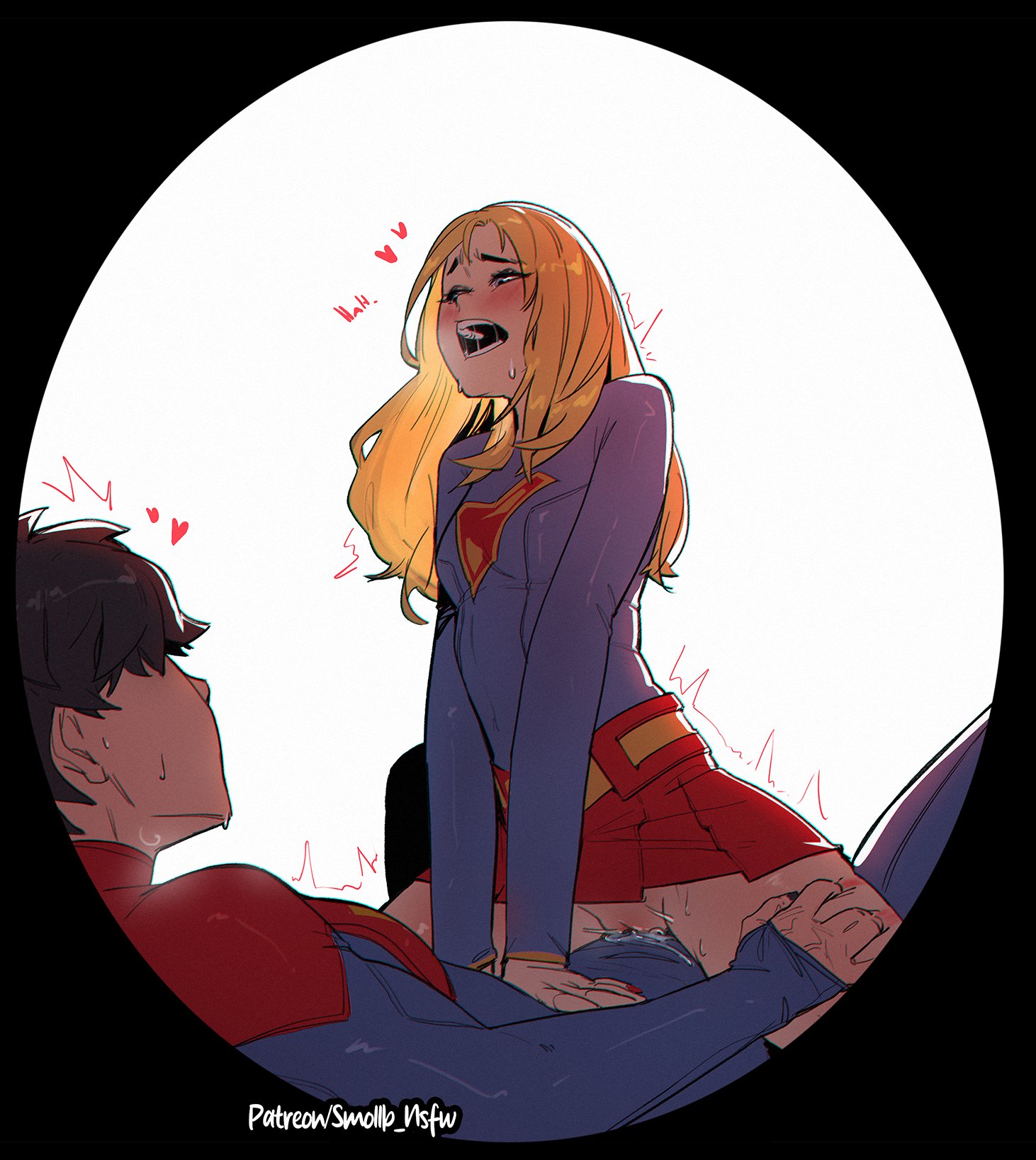 smollb nsfw, supergirl, dc comics, dc extended universe, dc universe (franchise), superman (2025), superman (series), the flash (movie), highres, 2girls, black hair, blonde hair, blush, bodysuit, cowgirl position, futanari, long hair, multiple girls, open mouth, red skirt, short hair, simple background, skirt, straddling