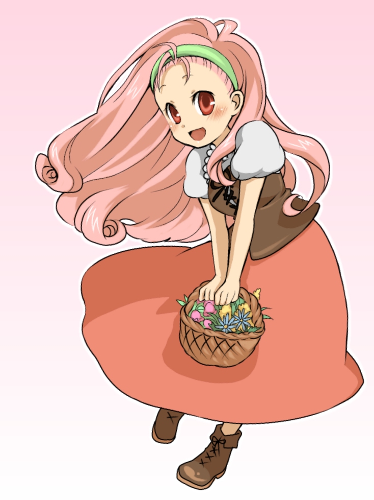 popuri (bokujou monogatari), harvest moon, artist request, :d, basket, blush, flower, hairband, open mouth, pink hair, red eyes, smile, solo