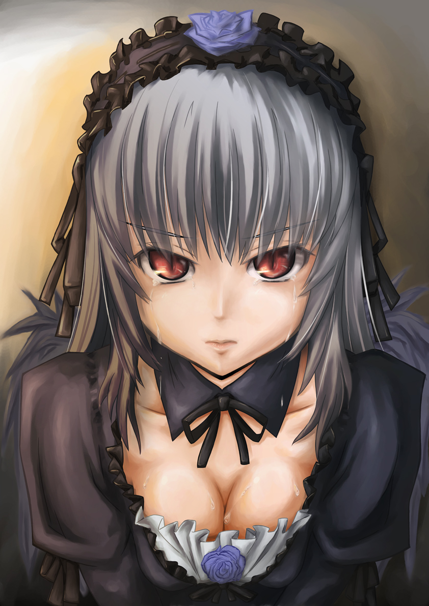 chakabo, suigintou, rozen maiden, silver hair, bad id, bad pixiv id, 00s, 1girl, breasts, cleavage, dress, female focus, hairband, large breasts, long hair, red eyes, slit pupils, solo, tears, wings