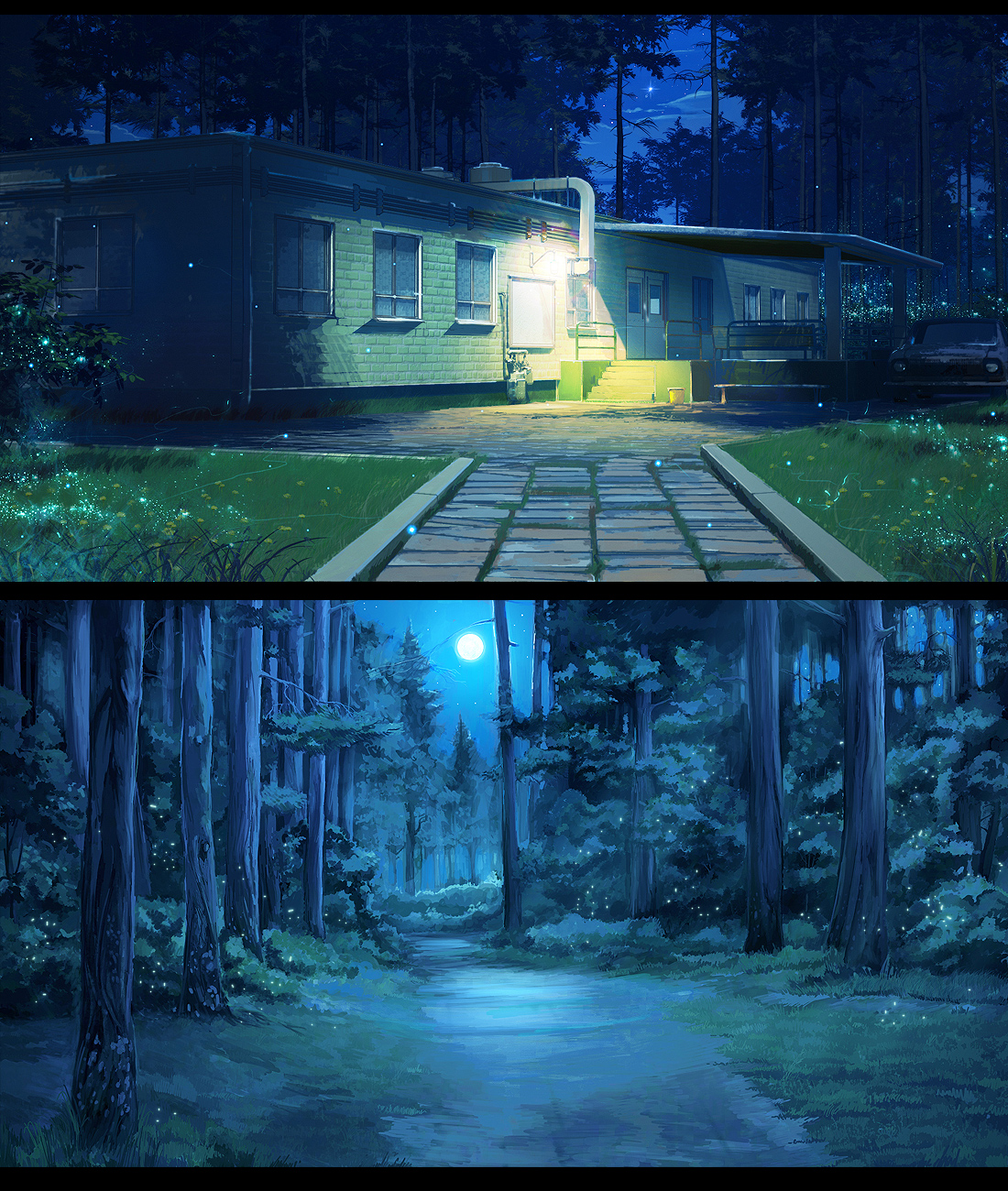 arsenixc, erogame project, everlasting summer, original, bad id, bad pixiv id, highres, building, forest, moon, nature, night, no humans, scenery