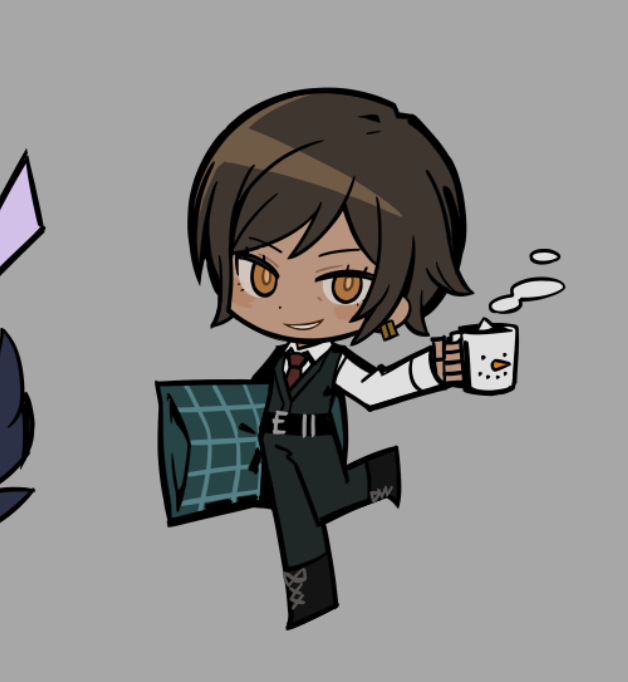 outis (project moon), limbus company, project moon, commentary, official art, symbol-only commentary, 1girl, black boots, black pants, black vest, boots, chibi, collared shirt, cup, dated commentary, full body, grey background, holding, holding cup, necktie, pants, red necktie, shirt, simple background, solo, vest, white shirt
