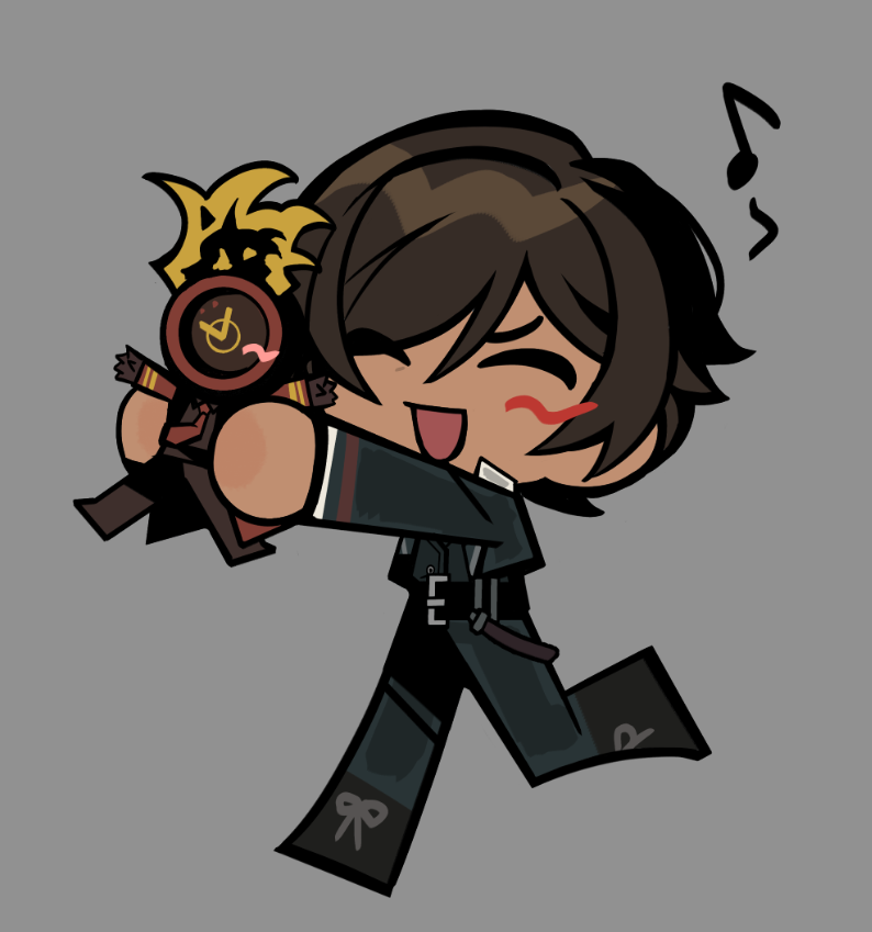 dante (limbus company), outis (project moon), limbus company, project moon, commentary, official art, symbol-only commentary, 1girl, ^ ^, belt, black belt, black jacket, black pants, brown hair, clock, closed eyes, coat, dated commentary, fire, hands up, holding, holding mini person, jacket, mini person, necktie, object head, open mouth, pants, red coat, red necktie, short hair, smile