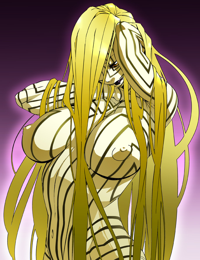 hei jin, asherah, atlus, megami tensei, shin megami tensei, shin megami tensei: strange journey, 1girl, blonde hair, breasts, brown eyes, colored skin, demon (megami tensei), female focus, large breasts, long hair, nude, solo, very long hair, yellow skin