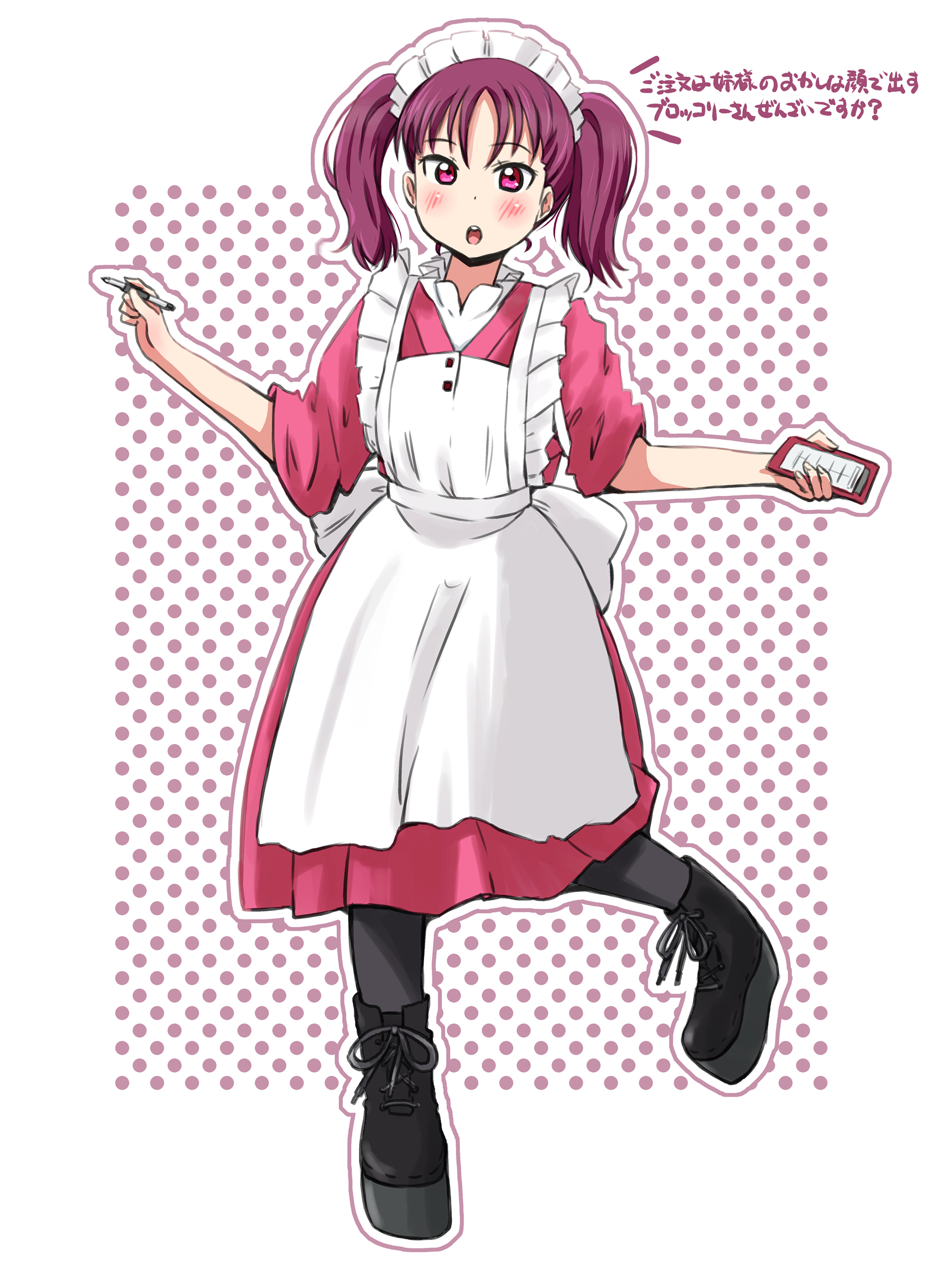 maruyo, kazuno leah, love live!, love live! sunshine!!, absurdres, commentary request, highres, translation request, 1girl, apron, birthday, blush, cellphone, full body, holding, holding pen, holding phone, japanese clothes, long hair, maid, maid apron, maid headdress, pen, phone, pink eyes, polka dot, polka dot background, purple hair, saint snow, smartphone, twintails, wa maid, white background