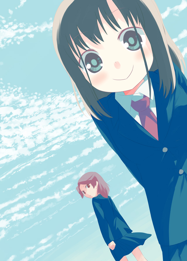 kajiki yumi, touyoko momoko, saki (manga), 00s, 2girls, blazer, blush, cloud, day, jacket, looking back, multiple girls, necktie, purple hair, school uniform, sky