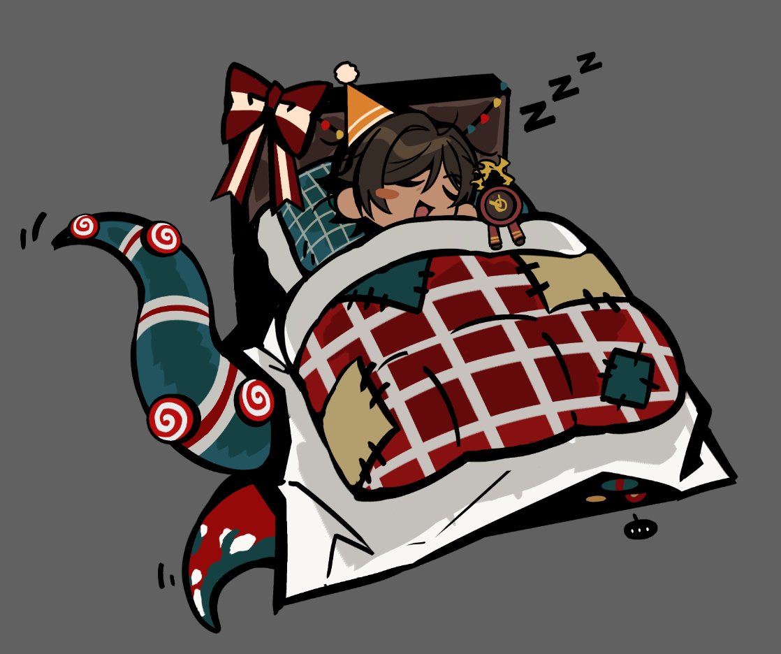 dante (limbus company), outis (project moon), limbus company, project moon, commentary, official art, symbol-only commentary, 1girl, bed, blush stickers, bow, cozy bed (project moon), dated commentary, grey background, hat, nightcap, pillow, red bow, simple background, sleeping, tentacles, under covers, zzz
