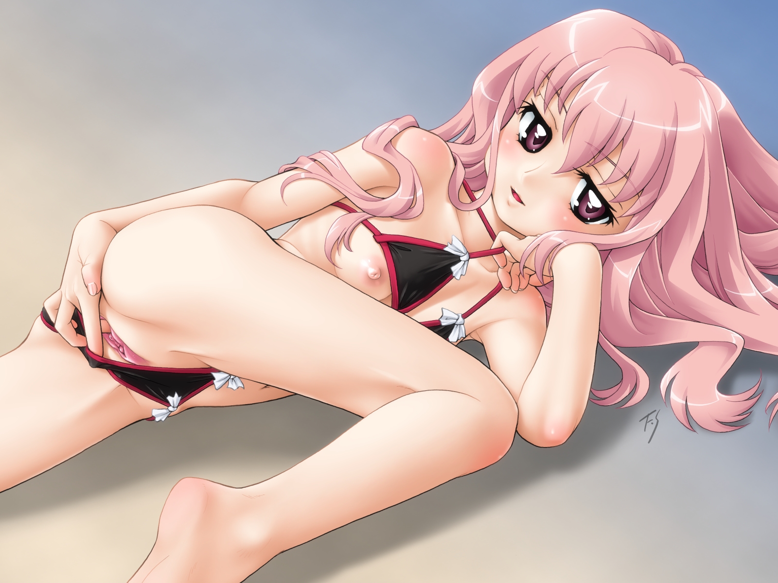 fuji shinobu, louise francoise le blanc de la valliere, zero no tsukaima, highres, source request, 00s, 1girl, barefoot, bikini, blush, clitoris, collarbone, feet, female focus, female masturbation, fingering, flat chest, loli, long hair, lying, masturbation, nipples, on side, open mouth, pink eyes, pink hair, pussy, smile, solo, swimsuit, uncensored, urethra