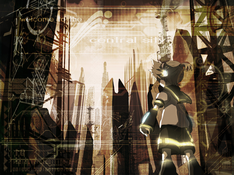 itaru, kagamine len, vocaloid, 1boy, blonde hair, cityscape, male focus, outdoors, short hair, shorts, sky, solo