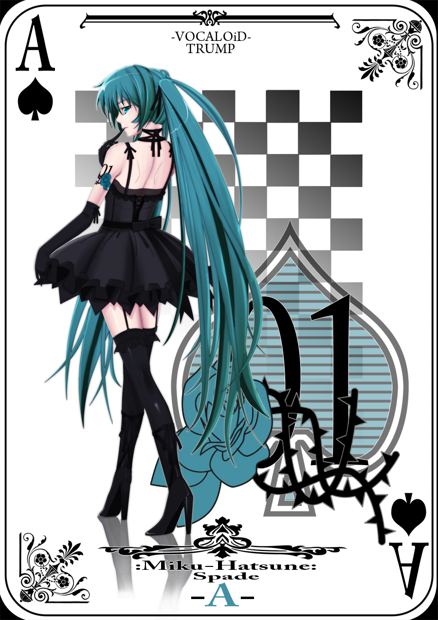 futaba (artist), hatsune miku, vocaloid, bad id, bad pixiv id, highres, 1girl, black dress, card, card (medium), dress, elbow gloves, female focus, gloves, high heels, legs, long hair, looking back, playing card, playing card (medium), shoes, solo, spade, tattoo, thighhighs, twintails, very long hair, zettai ryouiki