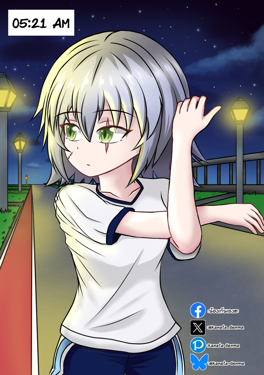 jack the ripper (fate/apocrypha), fate/apocrypha, fate/grand order, fate (series), highres, 1girl, breasts, buruma, city lights, exercising, facial scar, green eyes, gym shirt, gym uniform, kanata genma, lantern, night, outdoors, panties, scar, scar across eye, scar on cheek, scar on face, shirt, short hair, small breasts, solo, star (sky), underwear, white hair