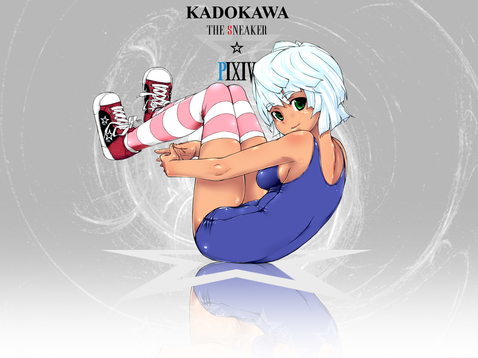 oshiruko (shiruko), bad id, bad pixiv id, highres, 1girl, breasts, dark-skinned female, dark skin, female focus, green eyes, large breasts, one-piece swimsuit, school swimsuit, shoes, short hair, sideboob, sneakers, solo, striped clothes, striped thighhighs, swimsuit, thighhighs, white hair