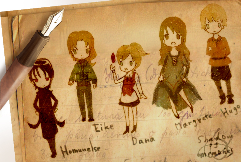 shi ton (bobrico), shadow of destiny, shadow of memories, bad id, bad pixiv id, character request, traditional media, 2boys, 2girls, androgynous, chibi, multiple boys, multiple girls, turtleneck