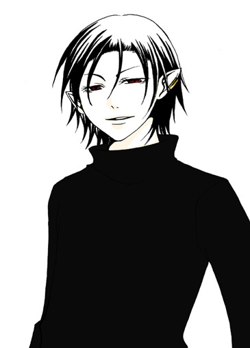 shadow of destiny, shadow of memories, homunculus, earrings, jewelry, male focus, pointy ears, red eyes, smile, solo, turtleneck