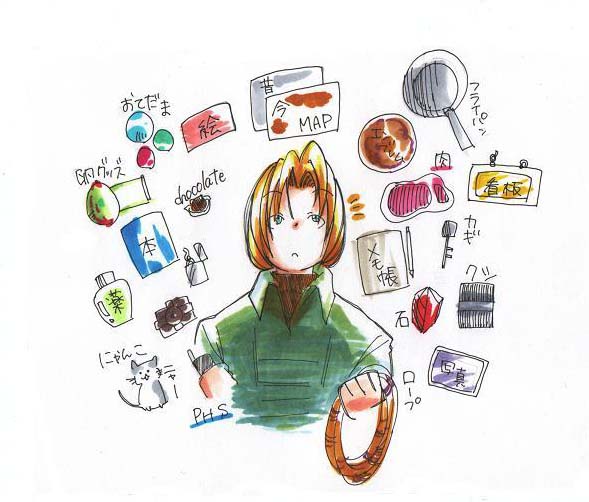 shadow of destiny, shadow of memories, gender request, traditional media, androgynous, blonde hair, cat, chibi, eike kusch, magnifying glass, rope, solo