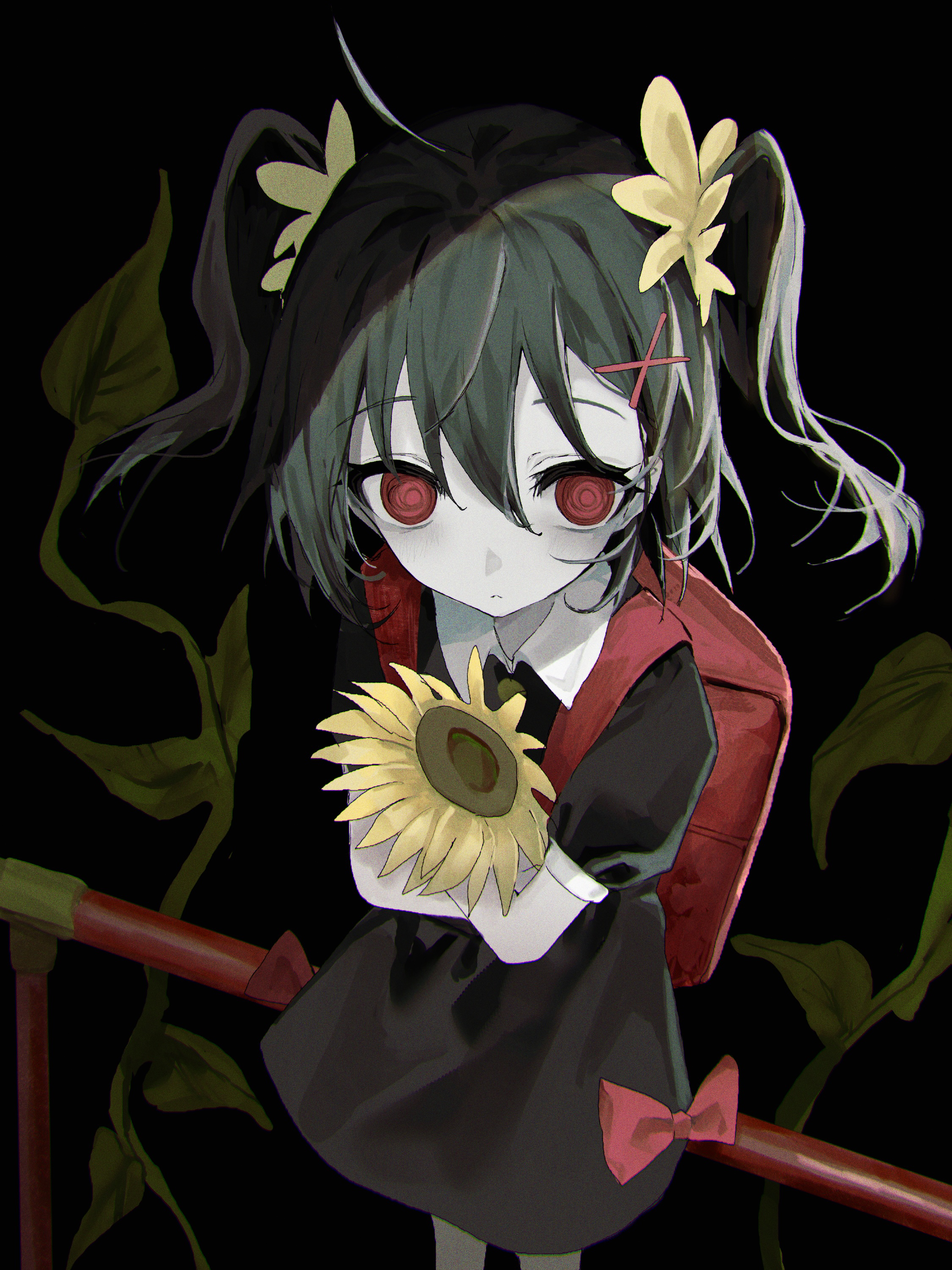 hayu (hayu0305), shinsei kamattechan, absurdres, commentary, highres, symbol-only commentary, 1girl, black dress, closed mouth, cowboy shot, dress, flower, holding, holding flower, looking at viewer, red eyes, solo, standing, sunflower, twintails, yellow flower