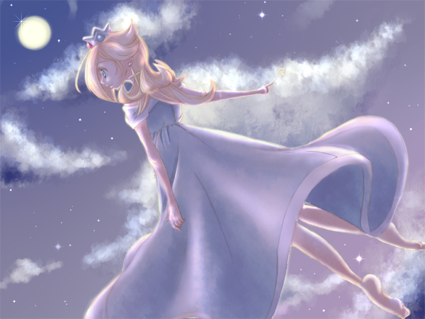 rosalina, mario (series), nintendo, super mario galaxy, 1girl, bare shoulders, barefoot, blonde hair, blue eyes, cloud, crown, dress, earrings, female focus, floating, hair over one eye, jewelry, moon, solo, star (symbol)