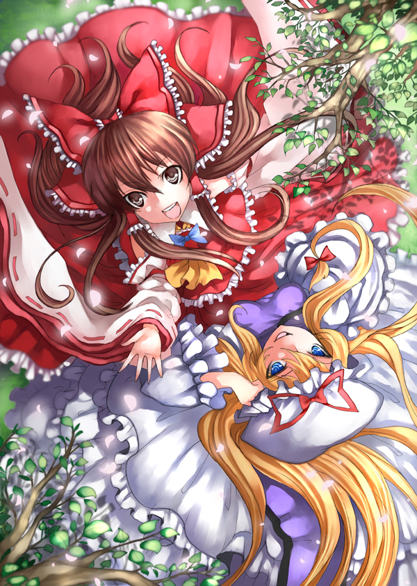 senzi, hakurei reimu, yakumo yukari, touhou, 2girls, blonde hair, blue eyes, bow, brown eyes, brown hair, detached sleeves, female focus, from above, hat, japanese clothes, long hair, looking up, miko, multiple girls, outstretched arm, outstretched hand