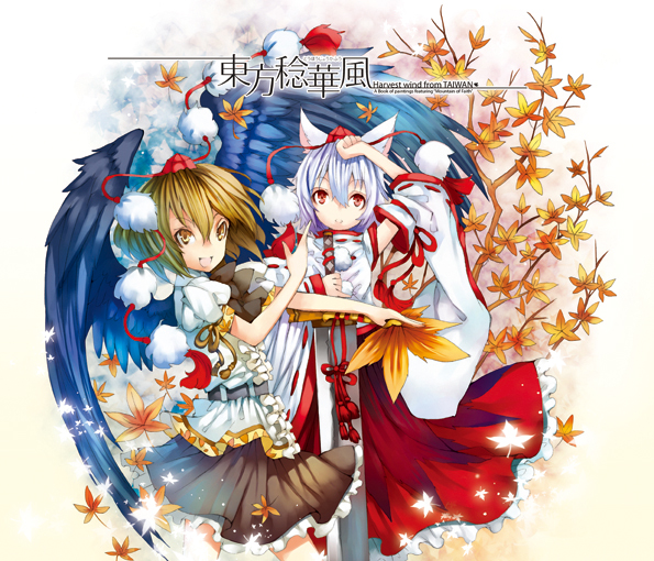 senzi, inubashiri momiji, shameimaru aya, touhou, silver hair, 2girls, animal ears, black wings, brown eyes, brown hair, detached sleeves, female focus, hat, multiple girls, short hair, skirt, sword, tail, tokin hat, weapon, wings, wolf ears, wolf tail