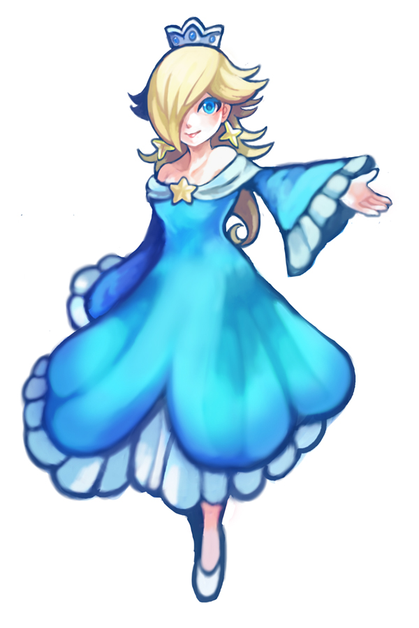 yuzawa risato, rosalina, mario (series), nintendo, super mario galaxy, 1girl, aqua eyes, bare shoulders, blonde hair, blue eyes, crown, dress, earrings, female focus, hair over one eye, jewelry, smile, solo, star (symbol)