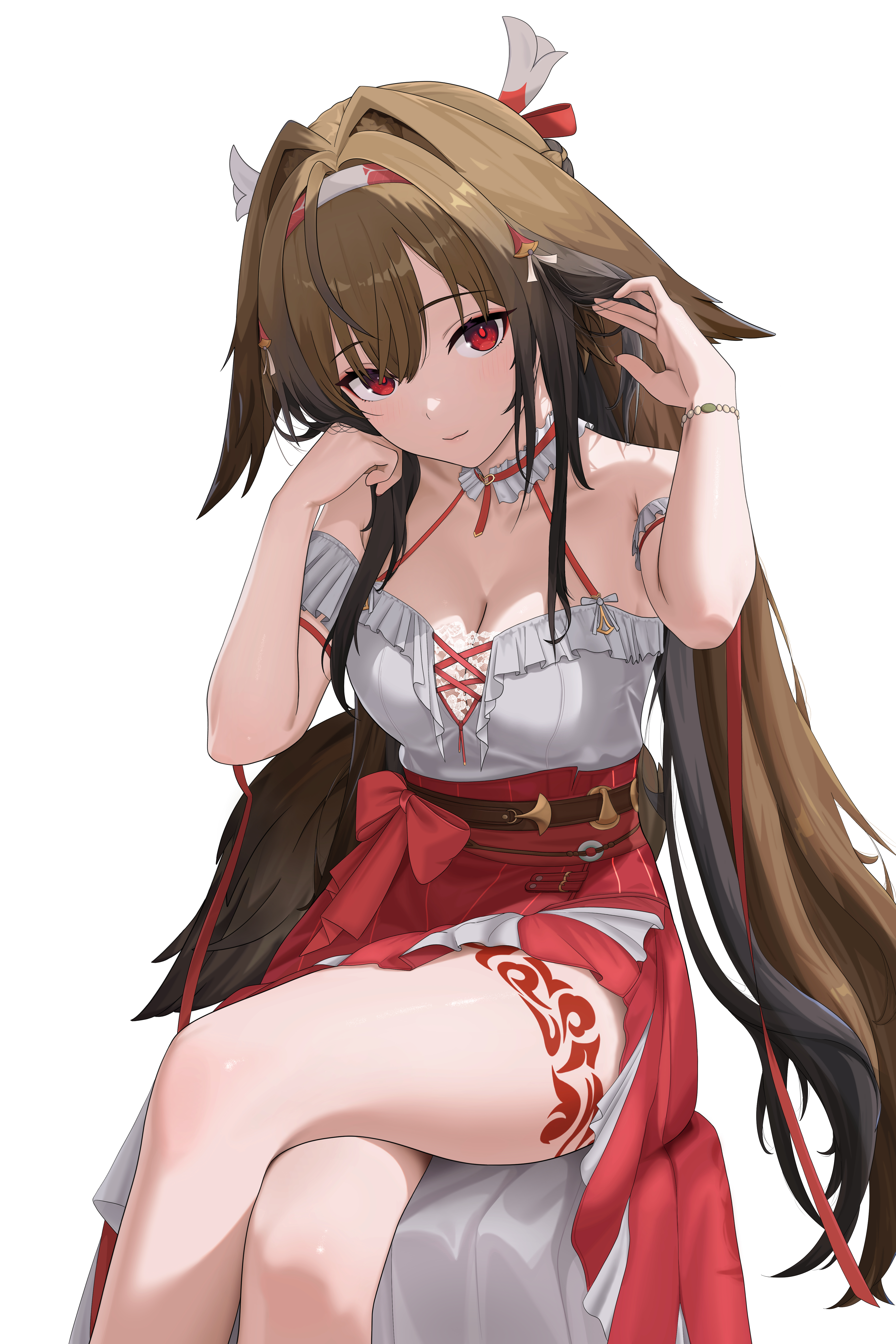 ir who, ye shunguang, zenless zone zero, absurdres, commentary, highres, 1girl, animal ears, bare shoulders, bracelet, breasts, brown hair, cleavage, crossed legs, detached sleeves, fox ears, fox girl, fox tail, hair intakes, jewelry, large breasts, long hair, looking at viewer, red eyes, red skirt, simple background, sitting, skirt, solo, tail, very long hair, white background, white skirt