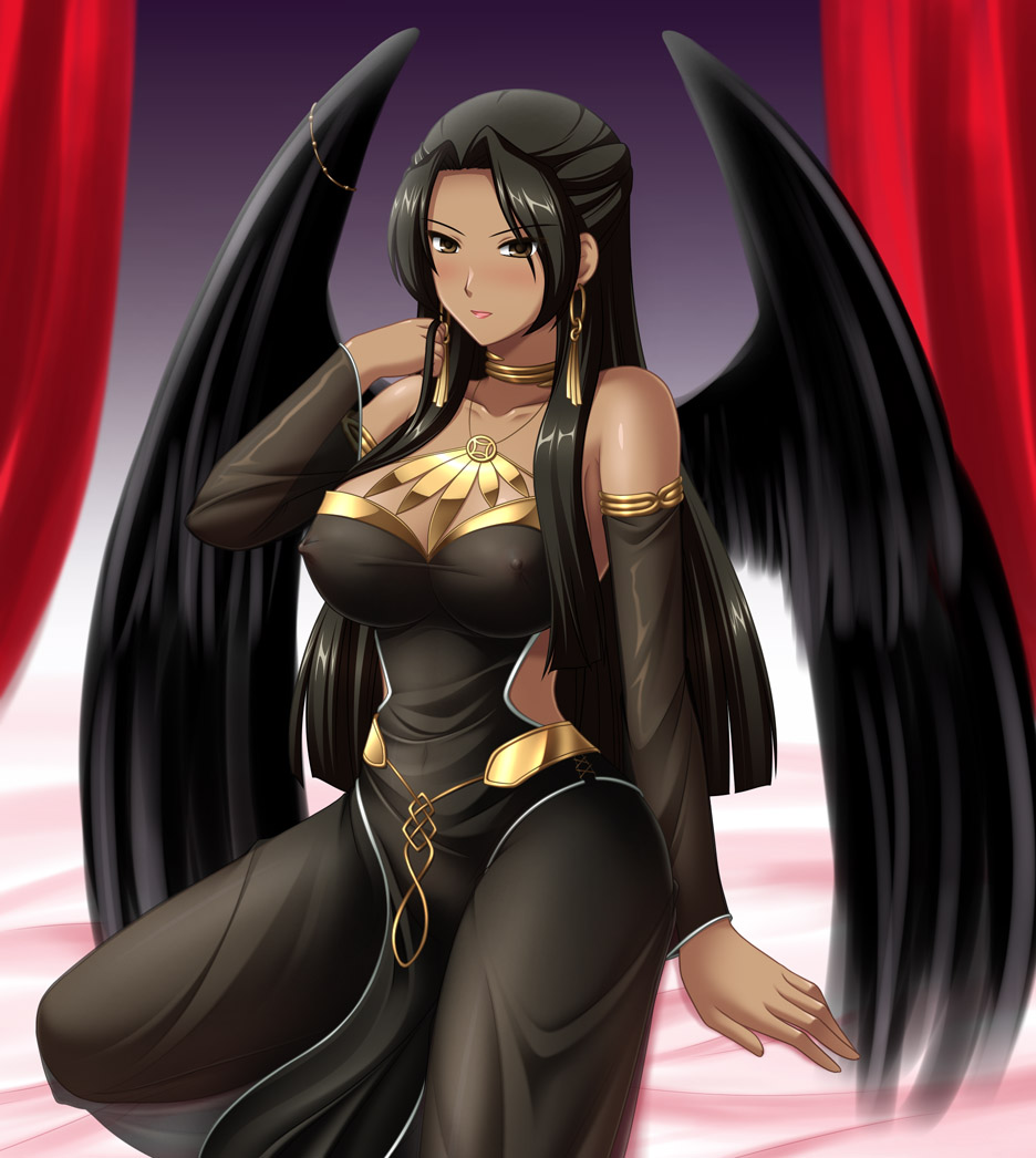 kafu (logaemon), neamhain, mabinogi, 1girl, black hair, black wings, breasts, brown eyes, covered erect nipples, dark-skinned female, dark skin, detached sleeves, dress, female focus, half updo, large breasts, long hair, nipples, see-through clothes, solo, wings
