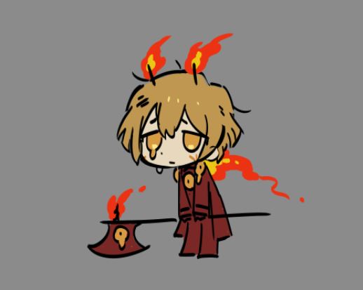 sinclair (project moon), limbus company, project moon, commentary, official art, symbol-only commentary, 1boy, 9:2 (e.g.o), antennae, axe, blonde hair, chibi, closed mouth, coat, dated commentary, e.g.o (project moon), fire, full body, gloves, holding, holding axe, pants, red coat, red gloves, red pants, single tear, solo, yellow eyes