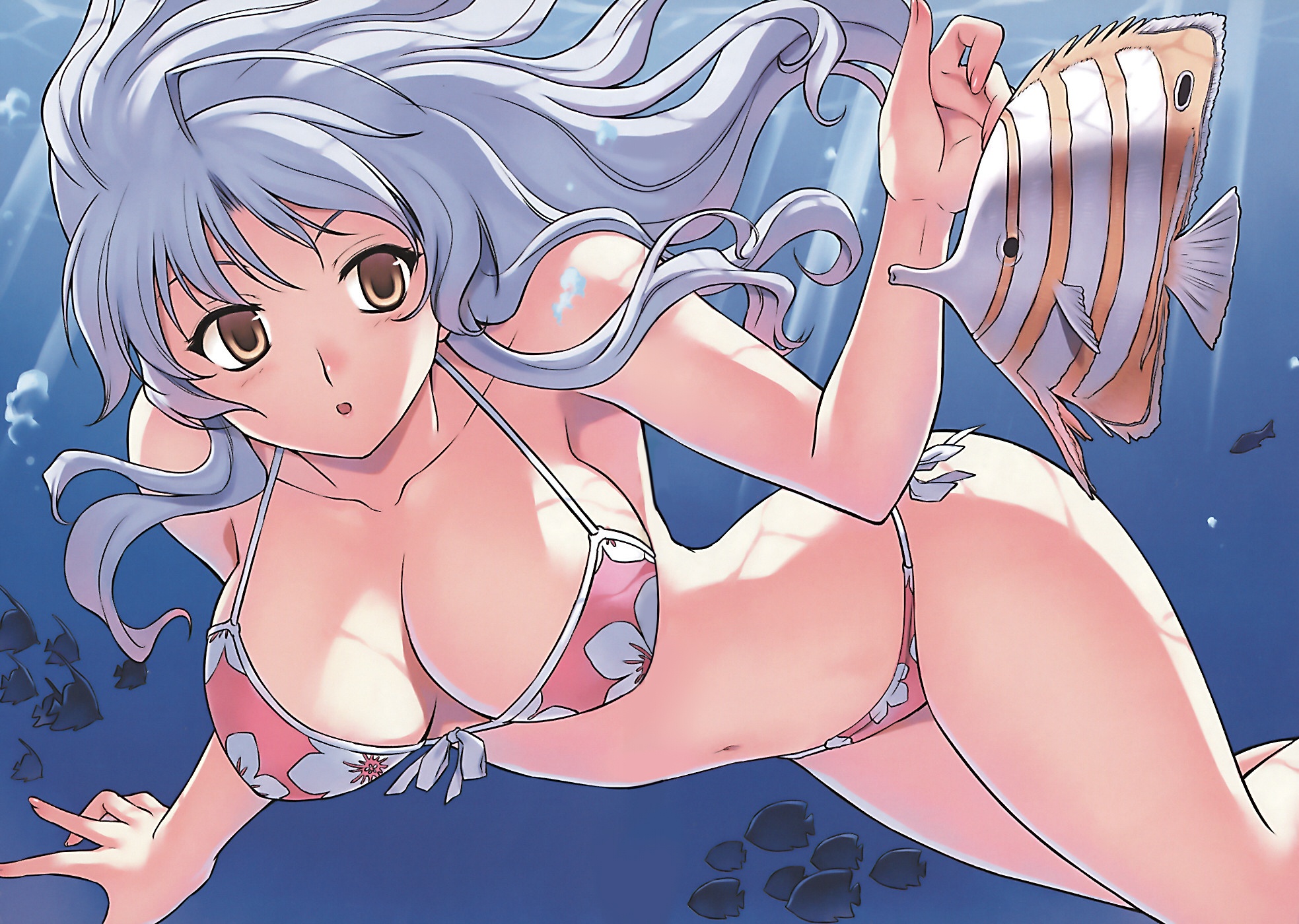 kim kwang hyun, gehenna (aflame inferno), aflame inferno, highres, ahoge, bikini, breasts, bubble, cleavage, diving, front-tie top, large breasts, long hair, open mouth, side-tie bikini bottom, sideboob, swimming, swimsuit, underwater, water, white hair, yellow eyes
