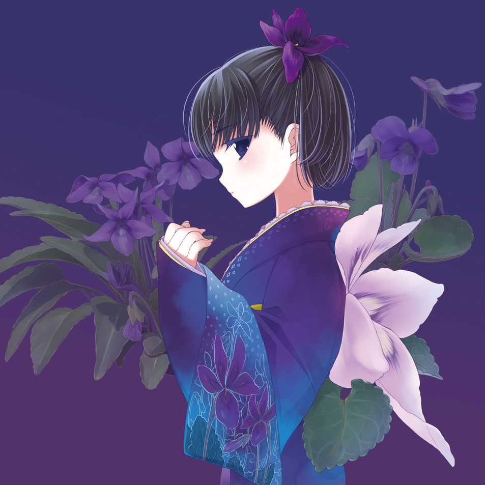 takigawa yuu, original, 1girl, black hair, blue background, blue eyes, blush, colored eyelashes, female focus, floral background, floral print, flower, from side, hair flower, hair ornament, japanese clothes, kimono, long sleeves, looking at viewer, profile, short hair, sleeves past wrists, solo, upper body, violet (flower)