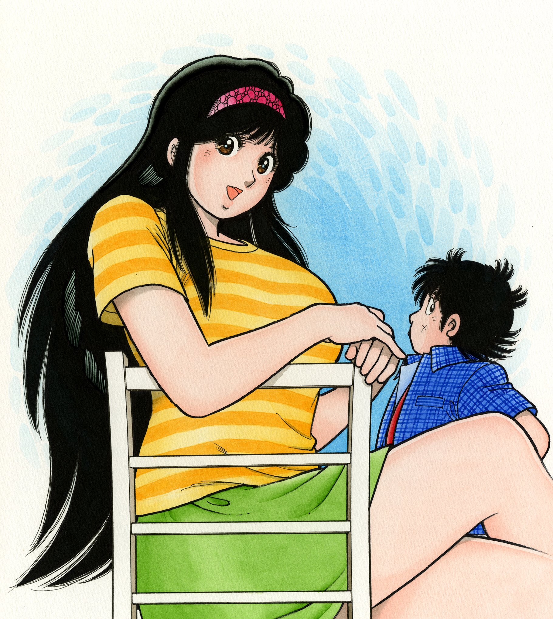 miura mitsuru, asaoka natsumi, the kabocha wine, commentary request, highres, 1boy, 1girl, aoba shunsuke, black eyes, black hair, blue shirt, breasts, brown eyes, chair, collared shirt, crossed legs, green skirt, hairband, large breasts, long hair, looking at viewer, looking to the side, official artist extra, on chair, open clothes, open mouth, open shirt, pink hairband, red shirt, shirt, short hair, short sleeves, sideways glance, sitting, skirt, smile, striped clothes, striped shirt, yellow shirt