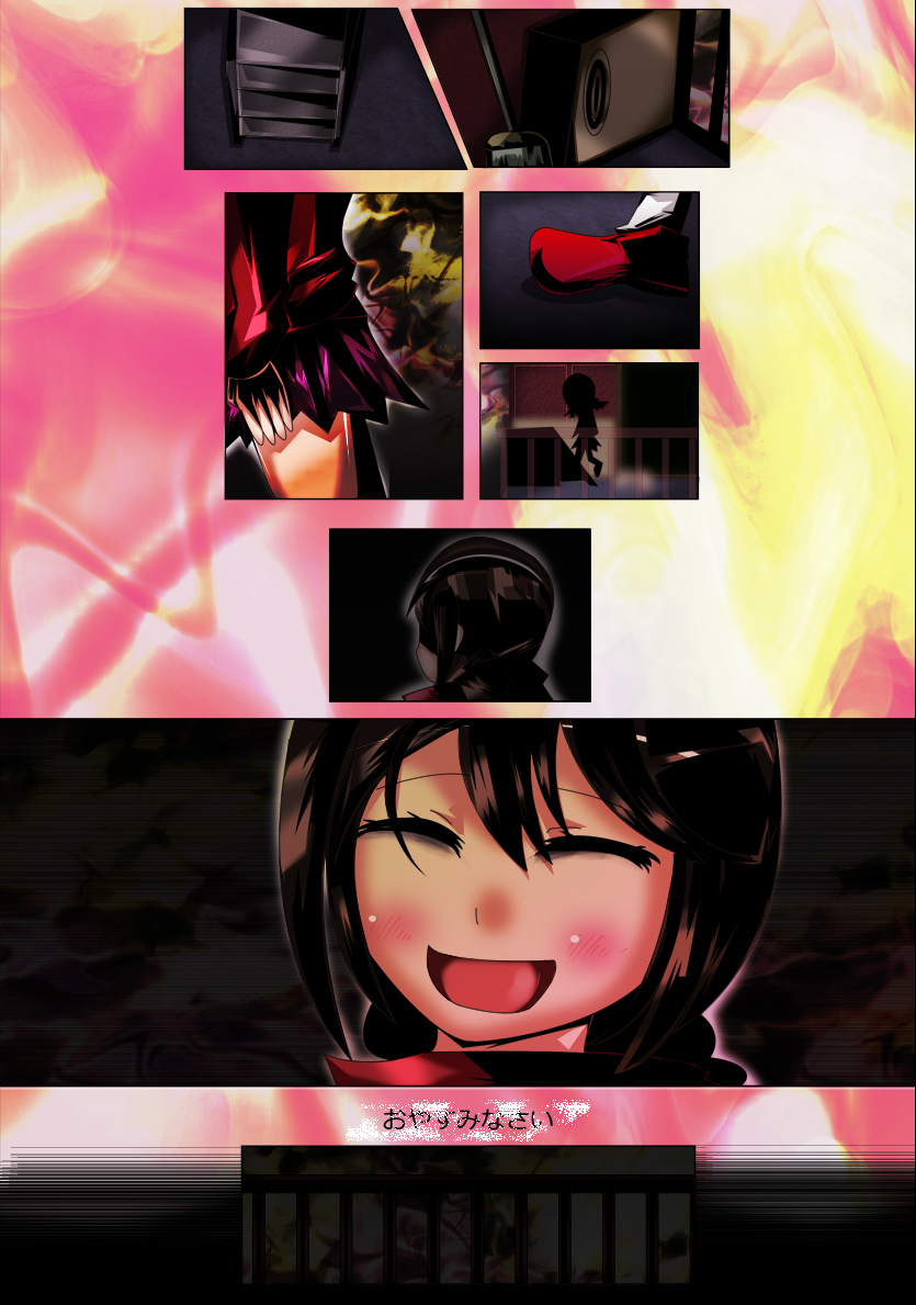 haruhara, madotsuki, yume nikki, bad id, bad pixiv id, spoilers, translated, :d, blush, closed eyes, comic, long sleeves, miniskirt, open mouth, skirt, smile, suicide, sweater