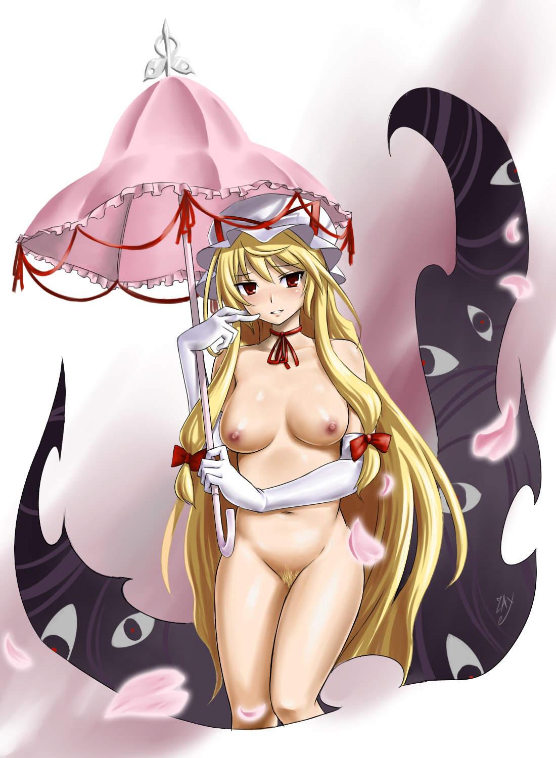 zaxwu, yakumo yukari, touhou, highres, md5 mismatch, resolution mismatch, source smaller, 1girl, blonde hair, blush, breasts, cherry blossoms, elbow gloves, feet out of frame, female focus, female pubic hair, gap (touhou), gloves, hat, large breasts, long hair, nipples, nude, pubic hair, pussy, red eyes, ribbon, solo, umbrella, very long hair, white gloves