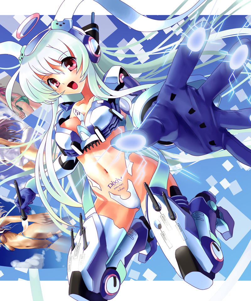 katahira masashi, pixiv-tan, pixiv, drawing, 1girl, armor, bikini, bikini armor, female focus, floating hair, halo, holding, joints, mecha musume, navel, open mouth, outstretched arm, outstretched hand, paintbrush, robot joints, solo, swimsuit, thighhighs