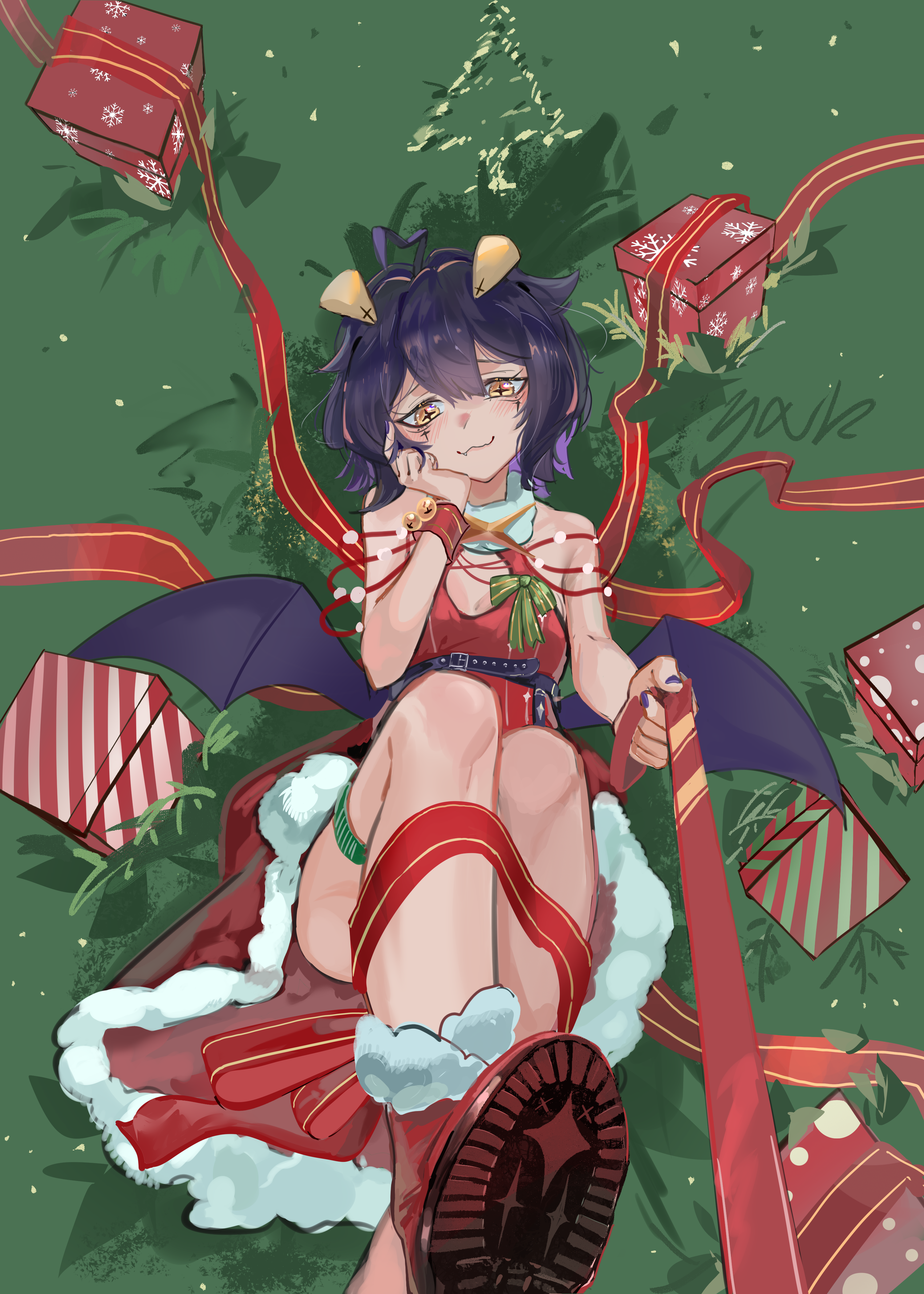 user adpn2522, magia baiser, mahou shoujo ni akogarete, absurdres, commentary request, highres, 1girl, ahoge, bare shoulders, bell, belt, belt around waist, black belt, boots, box, breast cutout, breasts, cross, cross-shaped pupils, cross facial mark, demon wings, dress, facial mark, fang, forward-facing horns, fur-trimmed boots, fur-trimmed dress, fur collar, fur trim, gift, gift box, green background, hand on own cheek, hand on own face, horns, jingle bell, knees, leash, legs, legs up, looking at viewer, medium breasts, pov, purple hair, purple nails, purple wings, red boots, red dress, red ribbon, red wrist cuffs, ribbon, shoe soles, short hair, smug, solo, symbol-shaped pupils, viewer on leash, wings, wrist cuffs, yellow eyes, yellow horns