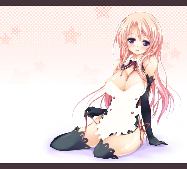 purinpurin, rui (dream c club), dream c club, dream c club (series), bad id, bad pixiv id, 1girl, blue eyes, breasts, cleavage, elbow gloves, female focus, gloves, large breasts, long hair, orange hair, solo, thighhighs