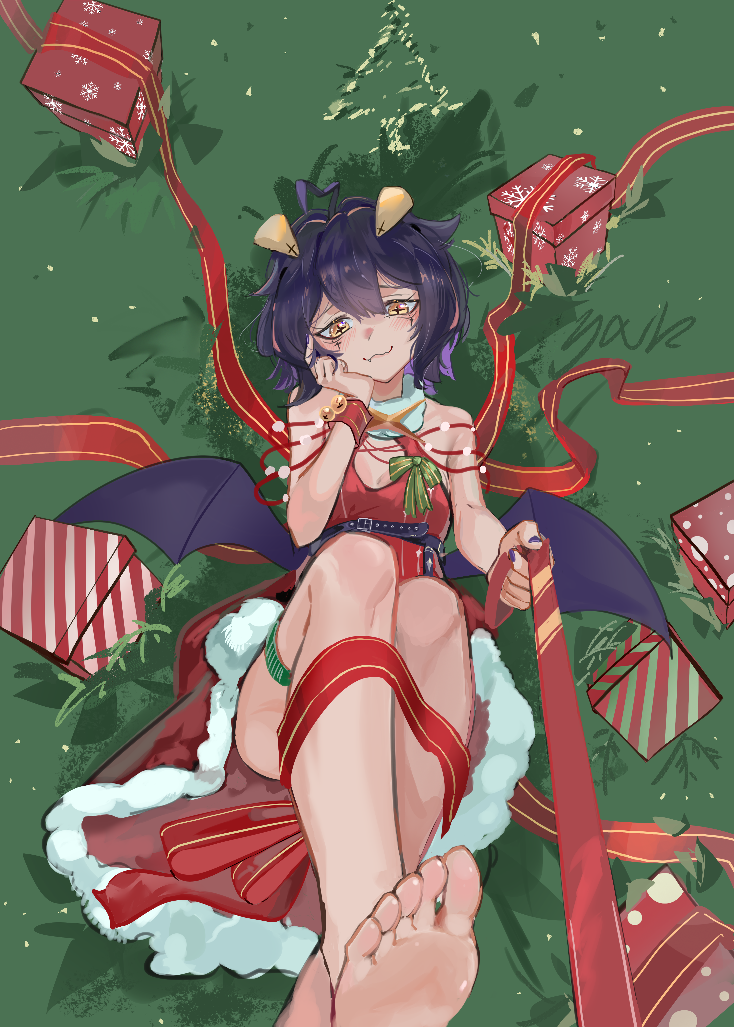 user adpn2522, magia baiser, mahou shoujo ni akogarete, absurdres, highres, 1girl, ahoge, bare shoulders, barefoot, bell, belt, belt around waist, black belt, box, breast cutout, breasts, cross, cross-shaped pupils, cross facial mark, dress, facial mark, fang, forward-facing horns, fur-trimmed dress, fur collar, fur trim, gift, gift box, green background, hand on own cheek, hand on own face, horns, jingle bell, knees, leash, legs, legs up, looking at viewer, medium breasts, pov, purple hair, purple nails, purple wings, red dress, red ribbon, red wrist cuffs, ribbon, short hair, smug, soles, solo, symbol-shaped pupils, toes, viewer on leash, wings, wrist cuffs, yellow eyes, yellow horns