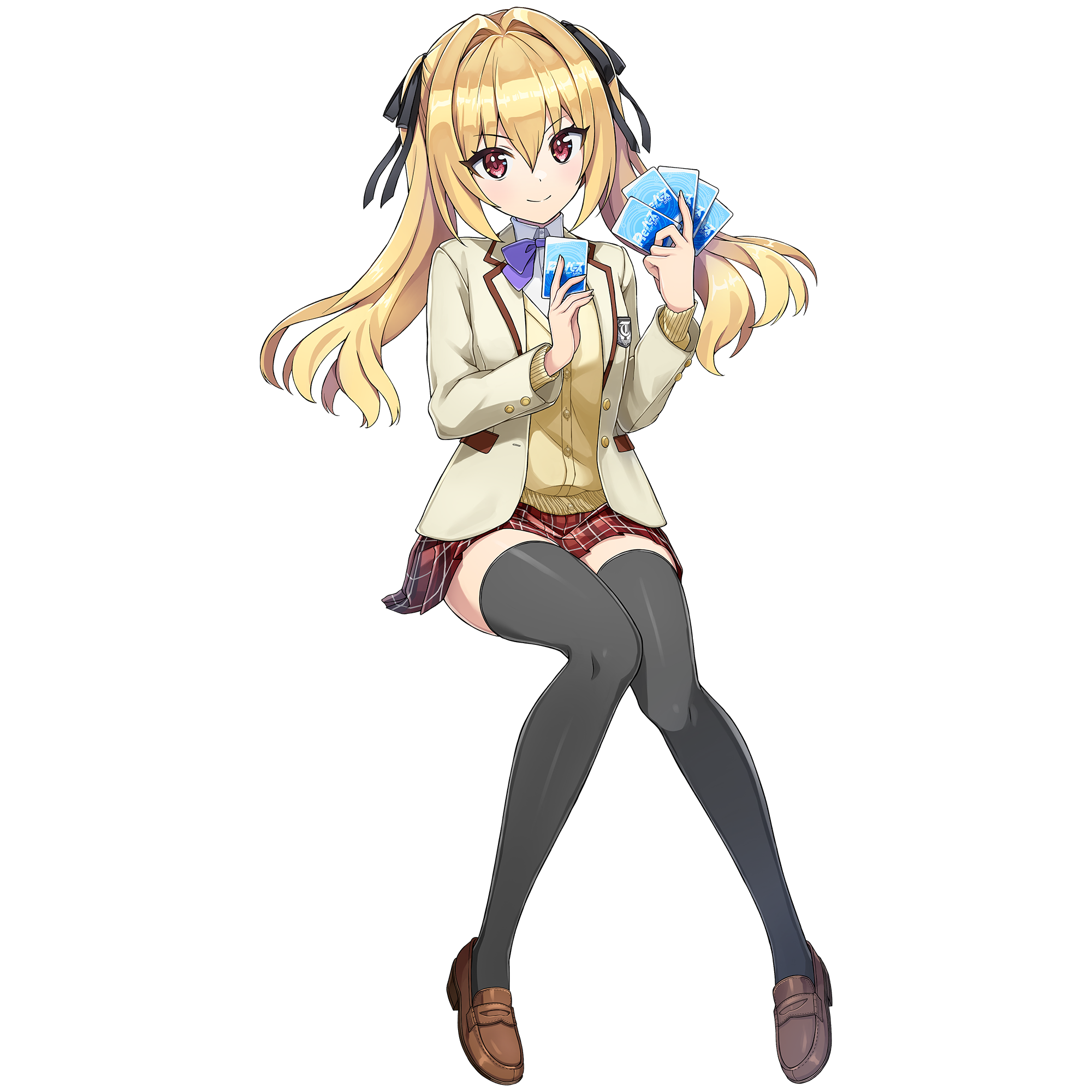 ootomo takuji, kazami ellen, dolphin wave, game cg, highres, non-web source, official art, 1girl, black ribbon, black thighhighs, blonde hair, bow, bowtie, brown shoes, card, cardigan, closed mouth, full body, hair intakes, hair ribbon, holding, holding card, invisible chair, jacket, long hair, looking at viewer, plaid clothes, plaid skirt, purple bow, purple bowtie, rebirth for you, red eyes, red skirt, ribbon, shoes, sitting, skirt, smile, solo, thighhighs, transparent background, twintails, yellow cardigan, yellow jacket