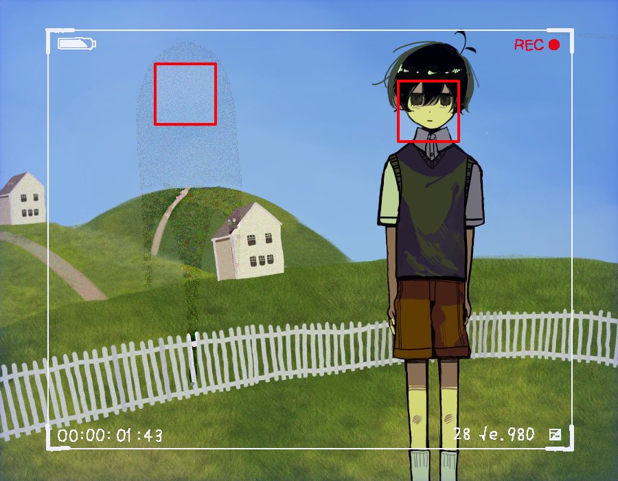 something (omori), sunny (omori), omori, commentary, english commentary, symbol-only commentary, 1boy, antenna hair, arms at sides, battery indicator, black eyes, black hair, black sweater vest, blue sky, brown shorts, closed mouth, collared shirt, day, double-parted bangs, expressionless, feet out of frame, fence, hair between eyes, looking at viewer, male focus, nill (nill), outdoors, picket fence, recording, shirt, short hair, short sleeves, shorts, simple background, sky, socks, solo, standing, straight-on, sweater vest, timestamp, viewfinder, white shirt, white socks, wooden fence