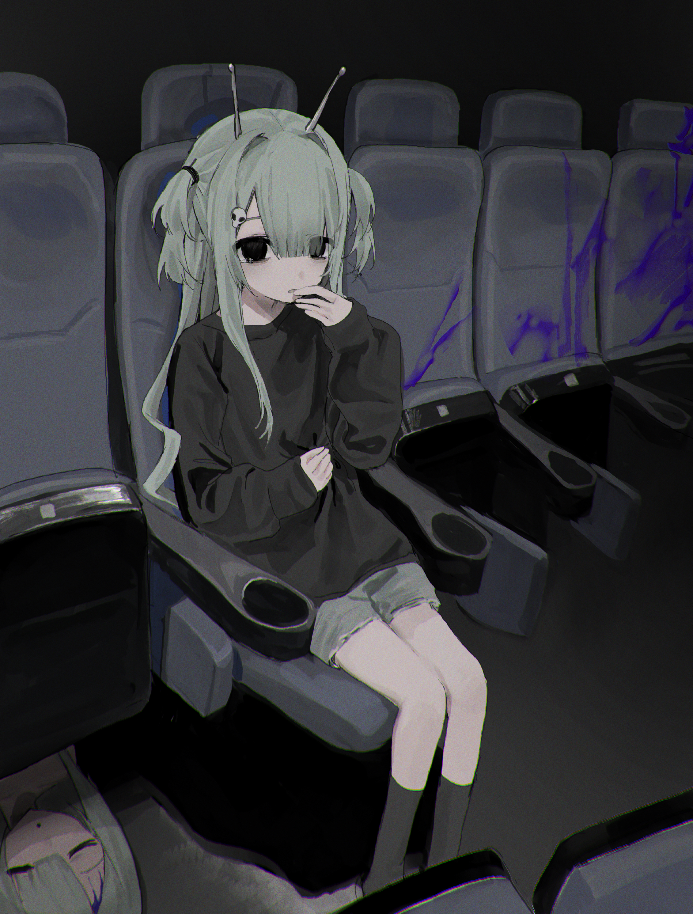 hayu (hayu0305), original, absurdres, highres, 2girls, alien, alien hair ornament, antennae, black socks, black sweater, blood, blood on face, blue blood, closed eyes, hand to own mouth, indoors, long hair, long sleeves, lying, movie theater, multiple girls, on floor, shorts, sitting, sleeves past wrists, socks, sweater, two side up