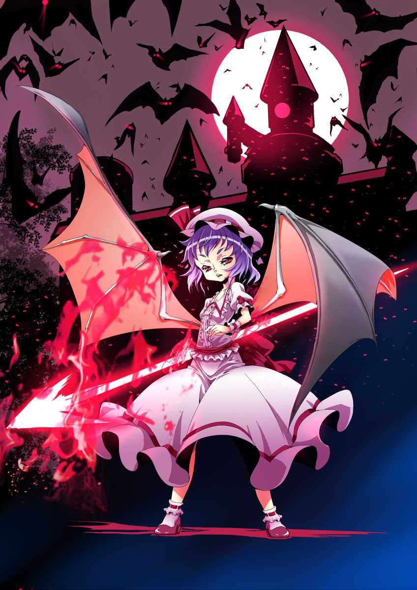 neko (u7uykfjskmdqxm), otoko (artist), remilia scarlet, touhou, bad id, bad pixiv id, highres, 1girl, bat (animal), bat wings, female focus, hat, moon, polearm, purple hair, red eyes, red moon, short hair, solo, spear, spear the gungnir, weapon, wings