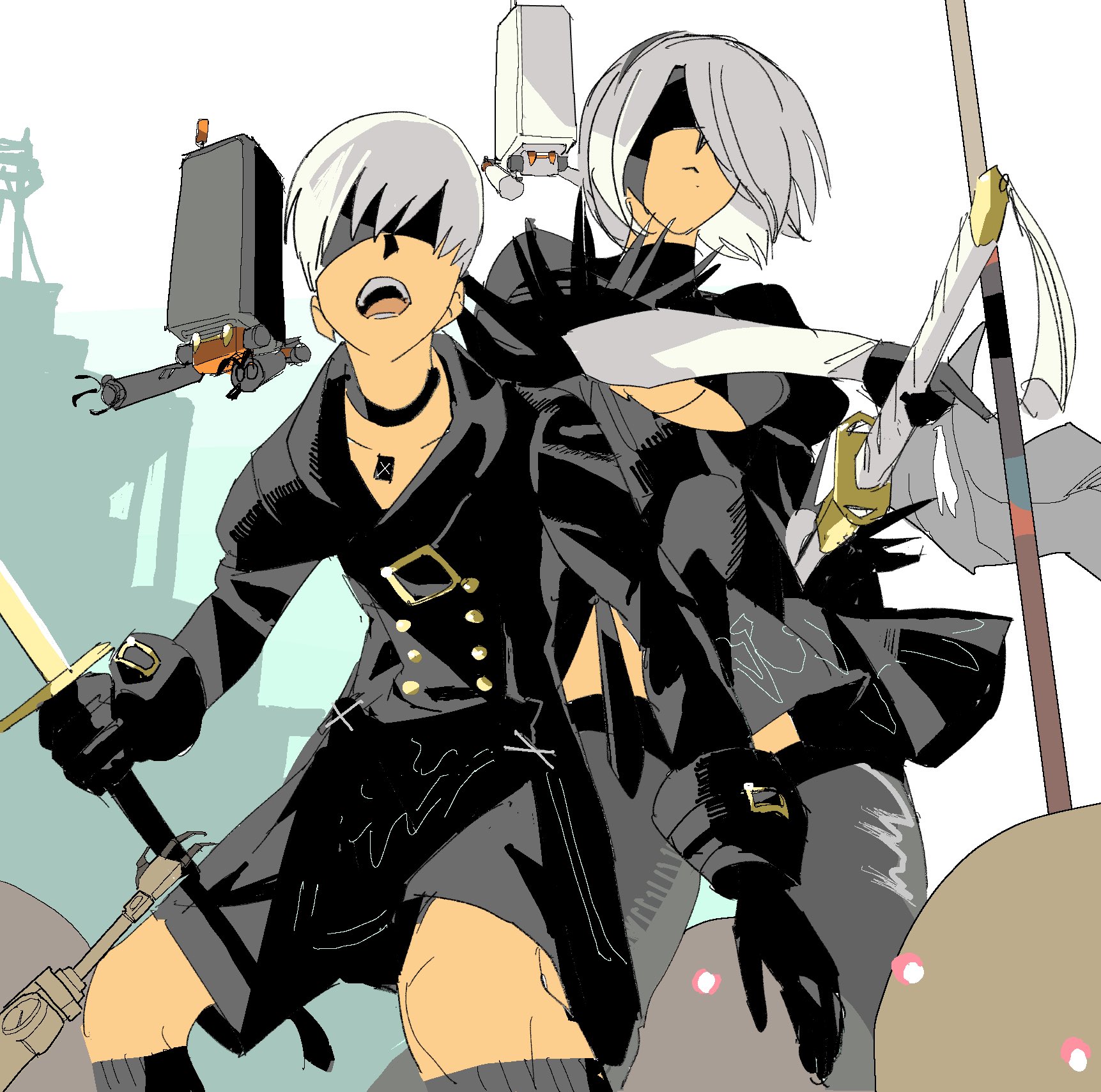 pure to ma, 2b (nier:automata), 9s (nier:automata), pod (nier:automata), nier:automata, nier (series), commentary request, highres, 1boy, 1girl, black boots, black choker, black dress, black gloves, black jacket, black shorts, blindfold, boots, buttons, choker, cleavage cutout, closed mouth, clothing cutout, collarbone, dress, feather-trimmed sleeves, feet out of frame, fighting stance, gloves, holding, holding sword, holding weapon, jacket, juliet sleeves, long sleeves, open mouth, puffy sleeves, robot, short hair, shorts, standing, sword, thigh boots, turtleneck, turtleneck dress, weapon, white hair