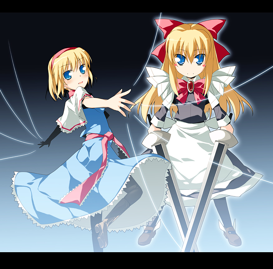 nu (plastic eraser), alice margatroid, goliath doll, touhou, 2girls, blonde hair, blue eyes, bow, doll, dual wielding, female focus, gradient background, hairband, holding, long hair, multiple girls, pantyhose, short hair, standing, sword, weapon