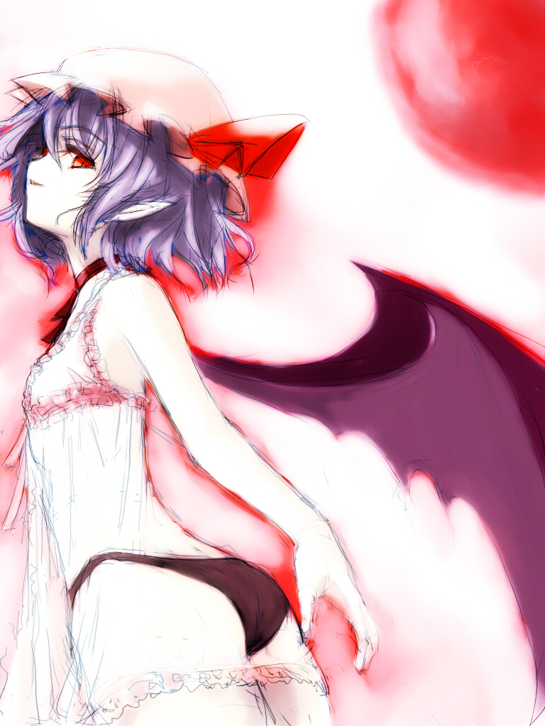 kuronuko neero, remilia scarlet, touhou, 1girl, ass, bare shoulders, chemise, choker, female focus, gradient background, looking back, naughty face, panties, pointy ears, purple hair, red eyes, ribbon choker, see-through clothes, short hair, sketch, solo, underwear, wings