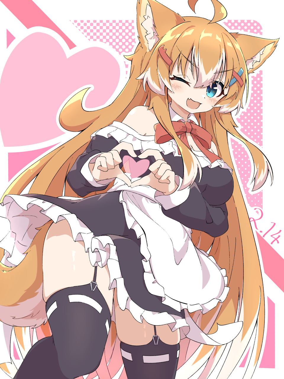 toramaru2001710, original, highres, 1girl, ahoge, alternate costume, animal ear fluff, animal ears, apron, aqua eyes, black dress, black thighhighs, bow, bowtie, dated, detached collar, dress, fang, feet out of frame, four-finger heart hands, frilled apron, frilled dress, frills, garter straps, hair between eyes, hair ornament, hairclip, halftone, halftone background, heart, heart hands, light blush, long hair, looking at viewer, maid, multicolored hair, off-shoulder dress, off shoulder, one eye closed, open mouth, orange hair, pink background, red bow, red bowtie, ribbon-trimmed thighhighs, ribbon trim, sidelocks, skin fang, skindentation, smile, solo, tail, thighhighs, two-tone hair, valentine, very long hair, white apron, white hair, x hair ornament